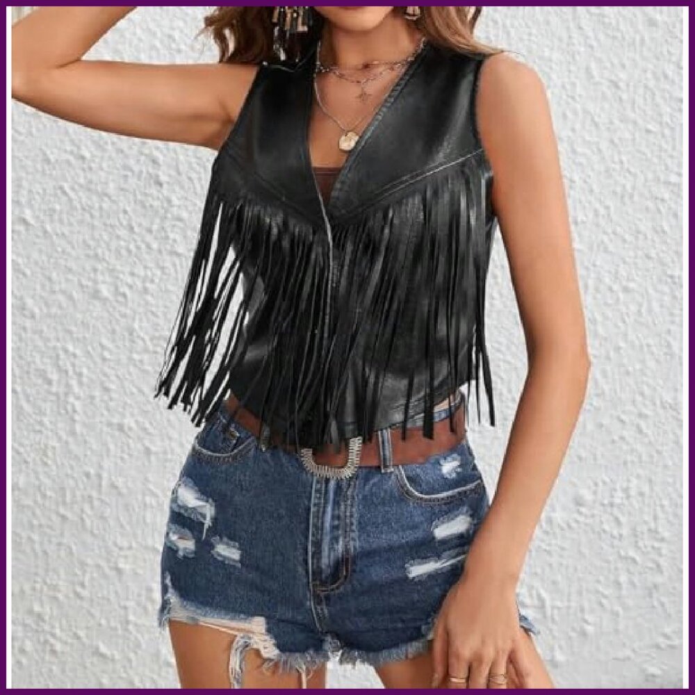 Western Fringe PU Leather Vest Sleeveless Cropped Boho Hippie Style - Picture 4 of 6